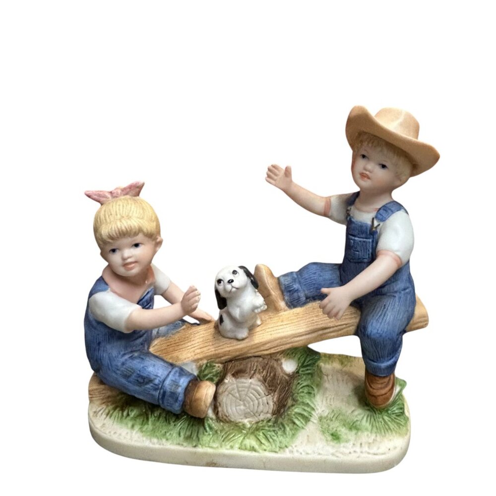 Homco 1985 Denim Days Debbie Danny Teeter Tauter Porcelain Figurine